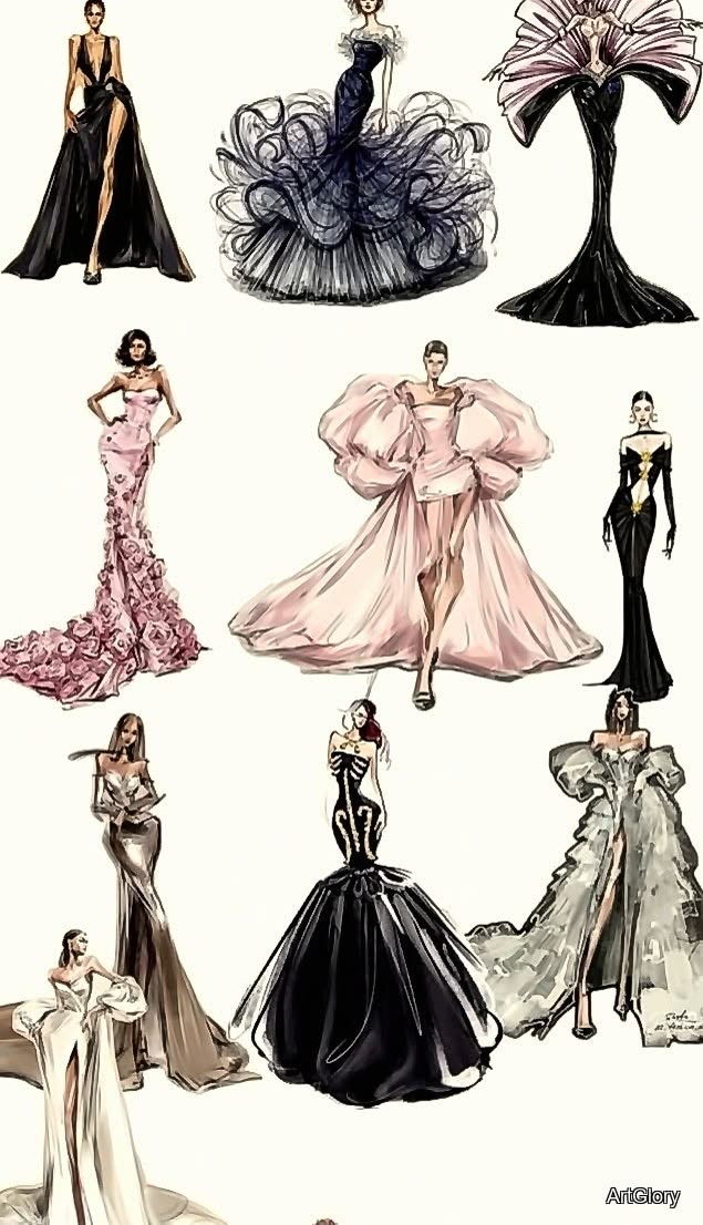 Illustrated mood board of sculptural evening gowns in black, blush and ivory