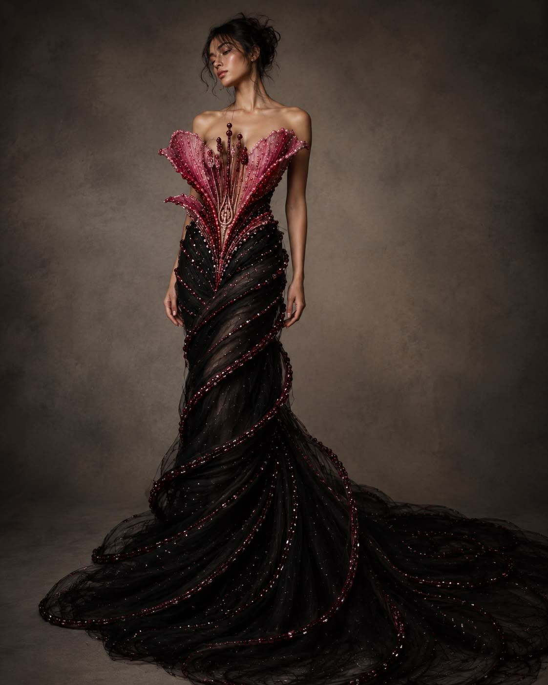 Black feathered mermaid gown with a crimson embellished bodice