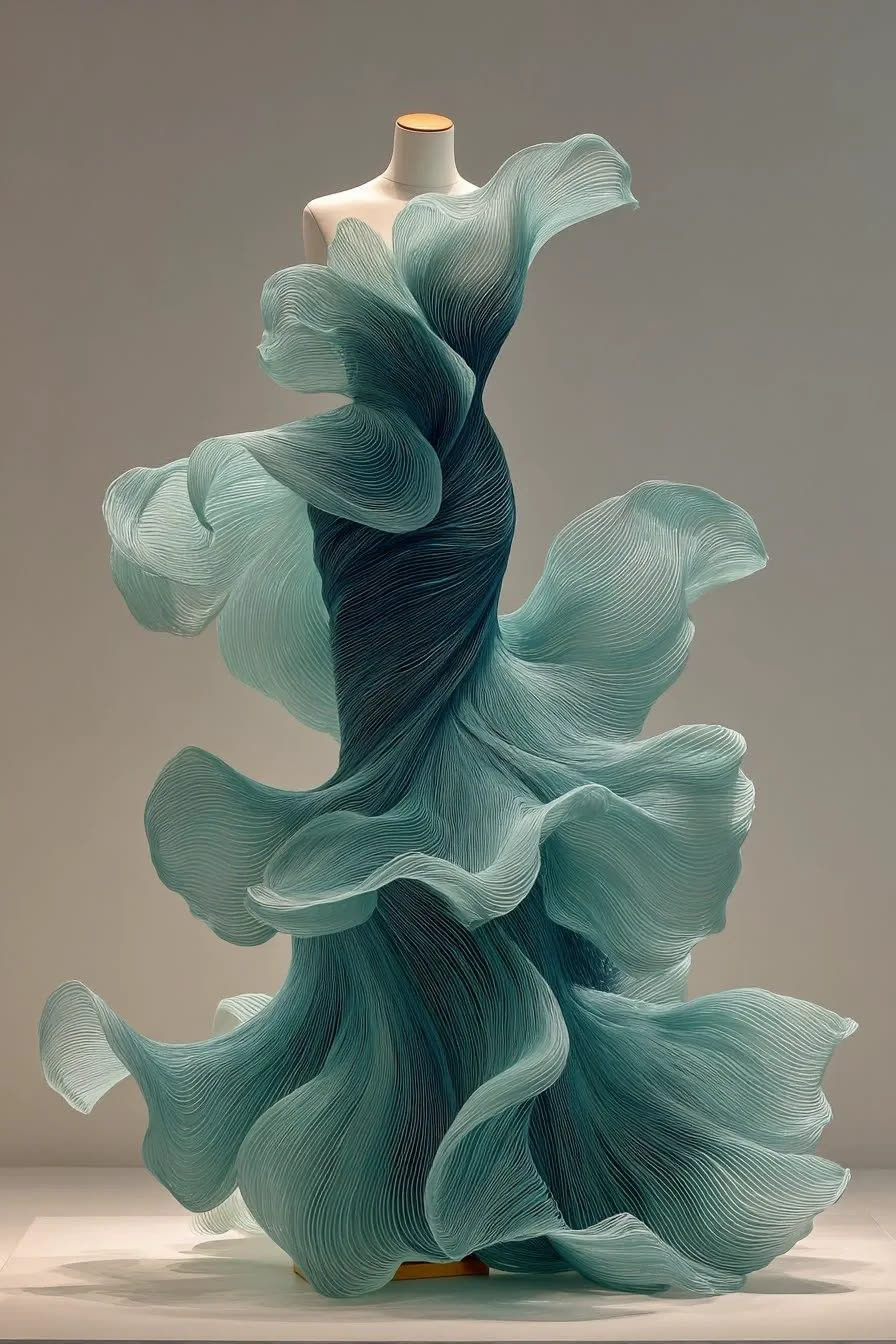 Aqua organza gown with layered ruffles